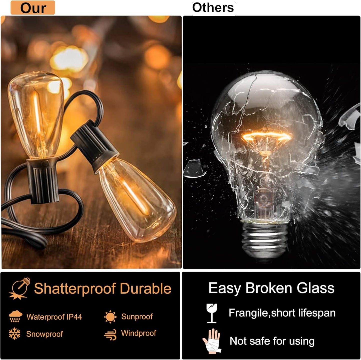 DAMAING Outdoor String Lights 200 FT Waterproof Patio Lights with 102 ST38 Shatterproof LED Bulbs, Dimmable Vintage Edison String Lights for Outside House Backyard Porch Gazebo Party,2-Pack x 100ft