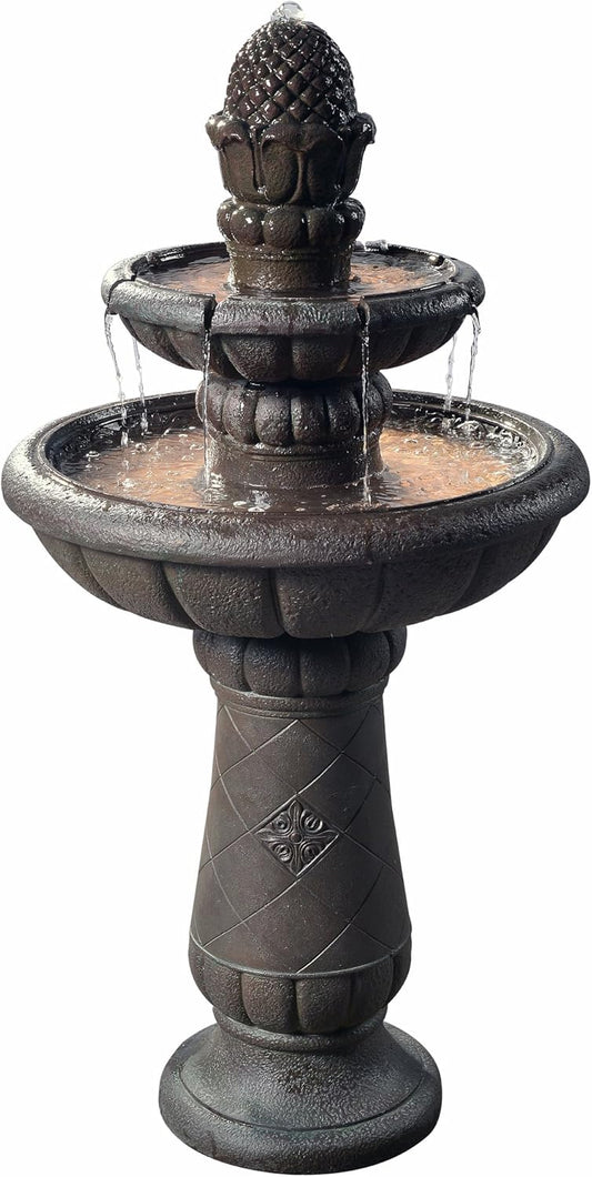 Teamson Home Deluxe Pineapple Pedestal 2 Tiered Floor Waterfall Fountain with Pump for Outdoor Patio Garden Backyard Decking, 39 Inch Height, Iron Gray