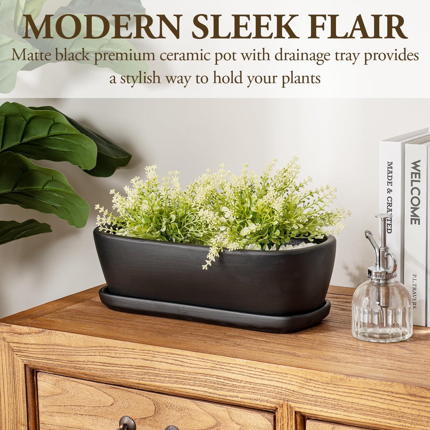 MyGift 14 Inch Oval Modern Matte Black Ceramic Succulent Planter Pot with Drainage Hole and Removable Saucer, Decorative Indoor House Plant Container for Flowers, Cactus, Herbs