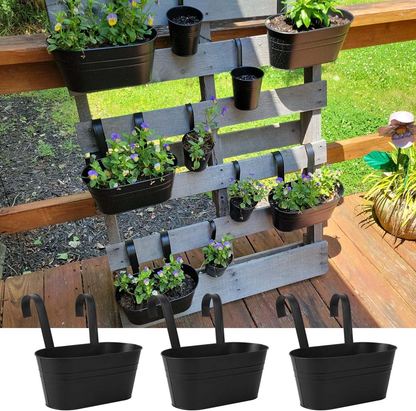 6 Pack Metal Railing Planter for Outdoor Plants, BlackIron Railing Planters, Metal Window Hanging Flower Pots for Balcony, Fence, and Patio Railings, Garden Decor with Drainage Holes