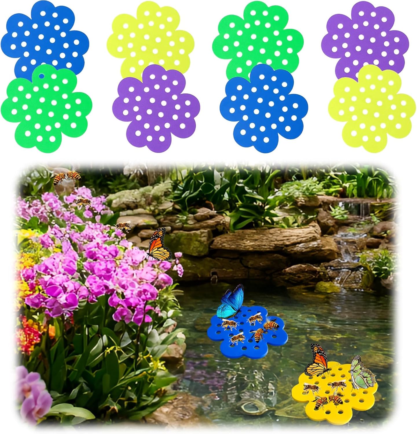 Bee Watering Station 8 Pcs for Garden, Butterfly Feeder with Bee Water, 4 Colors (Yellow/Green/Purple/Blue), 3X Faster Attraction Petal Texture, Zero-Drowning EVA Foam Hive Landing Safe