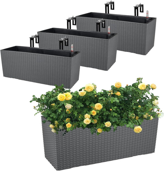 Aoodor 4Pcs 19.5" Rectangular Window Box Wall Mount/Railing Planter, Self-Watering Planter with Adjustable Bracket, for Fence, Balcony, Patio, and Outdoor Decor - Grey