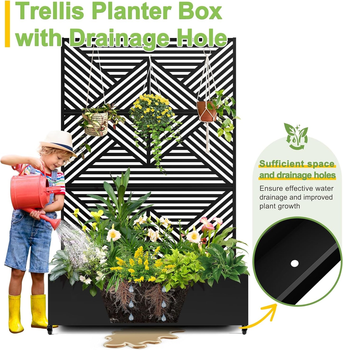 FENCY Metal Raised Garden Bed with Wheels and Trellis,73"x47"x16" Planter Box for Climbing Plants, Vegetables & Vines, Features Privacy Screen and Drainage Holes (Black-Modern)