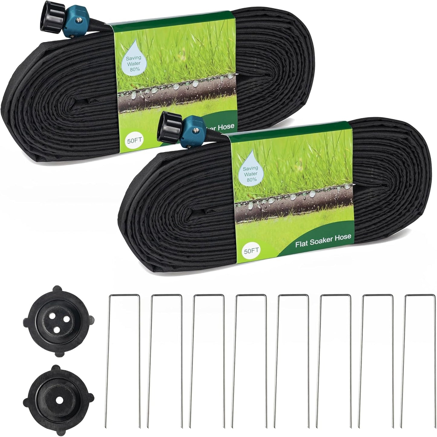 Hourleey Flat Soaker Hose 100 FT for Garden, 100' (50FT x 2) Linkable Consistent Drip Irrigation Hose, Leak-free Dual-layer Design Saving 80% Water Garden System Water Hose with Holes
