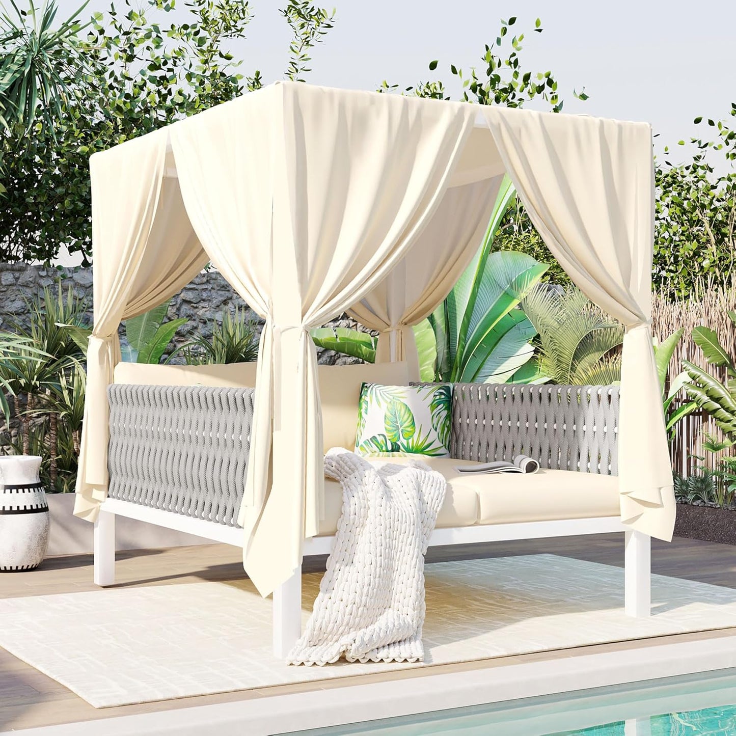 Polibi Outdoor Patio Sunbed with Beige Curtains,Outdoor Sun Lounger Bed with Pillows,Rubber Core Rope Weaving Outdoor Double Chaise Lounge Suitable for Pool,Garden,Beige