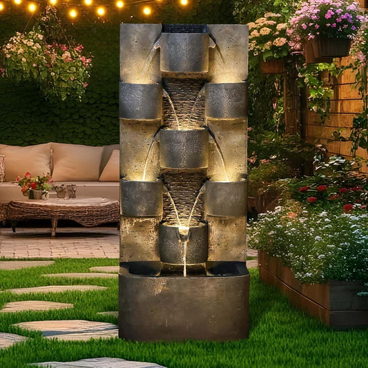 44.8" H Modern Outdoor Water Fountain with LED Lights and Pump, Mutiply-Tier Standing Cascading Waterfall - Modern Design for Garden,Patio,Yard, Multi-Level Outdoor Decor (Gray)
