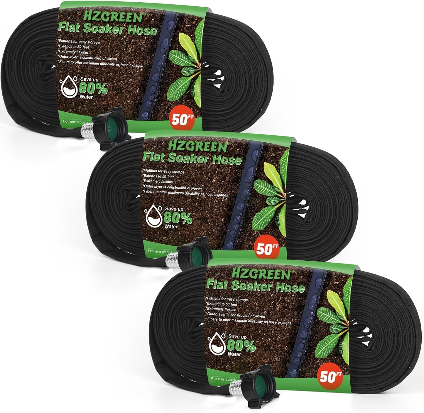 Flat Soaker Hose 50FT x 3 PACK,Drip Hose for Garden Beds Linkable Irrigation System Lightweight and Easy Watering for Tree Plant and Save 80% Water for You (150FT)