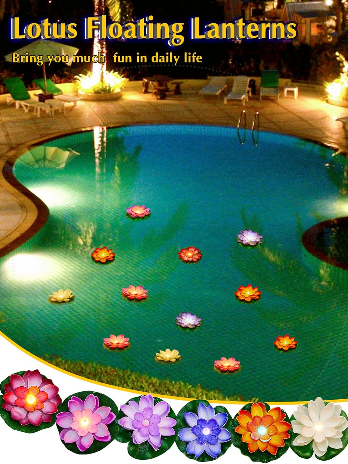 Hortsun 12 Pcs Floating Lotus Lights with Batteries Lily Pads Pool Flowers Diwali Pooja Decorations Floating Candles Decor for Pool Pond Outdoor Indoor(5.91 Inch,Multicolor)