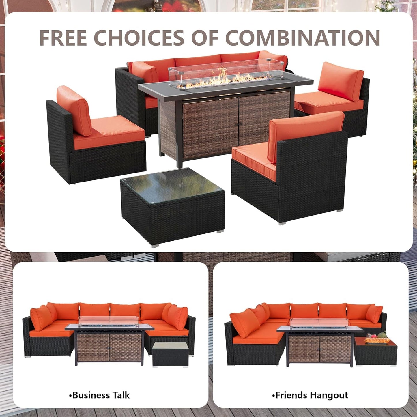 25-Pc Patio Furniture Set - 7 Piece Outdoor Rattan Sofa Set with 57" Fire Table and 17 Accessories, Modular Sofa Set for Garden/Poolside, Orange/Black