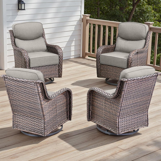 4 Piece Outdoor Patio Swivel Rocker Chairs, Waterproof Wicker, High Back, Deep Seating, Wide Armrest, Upgraded 6 inch Thick Cushions, Ideal for Deck Porch Backyard, Brown/Beige