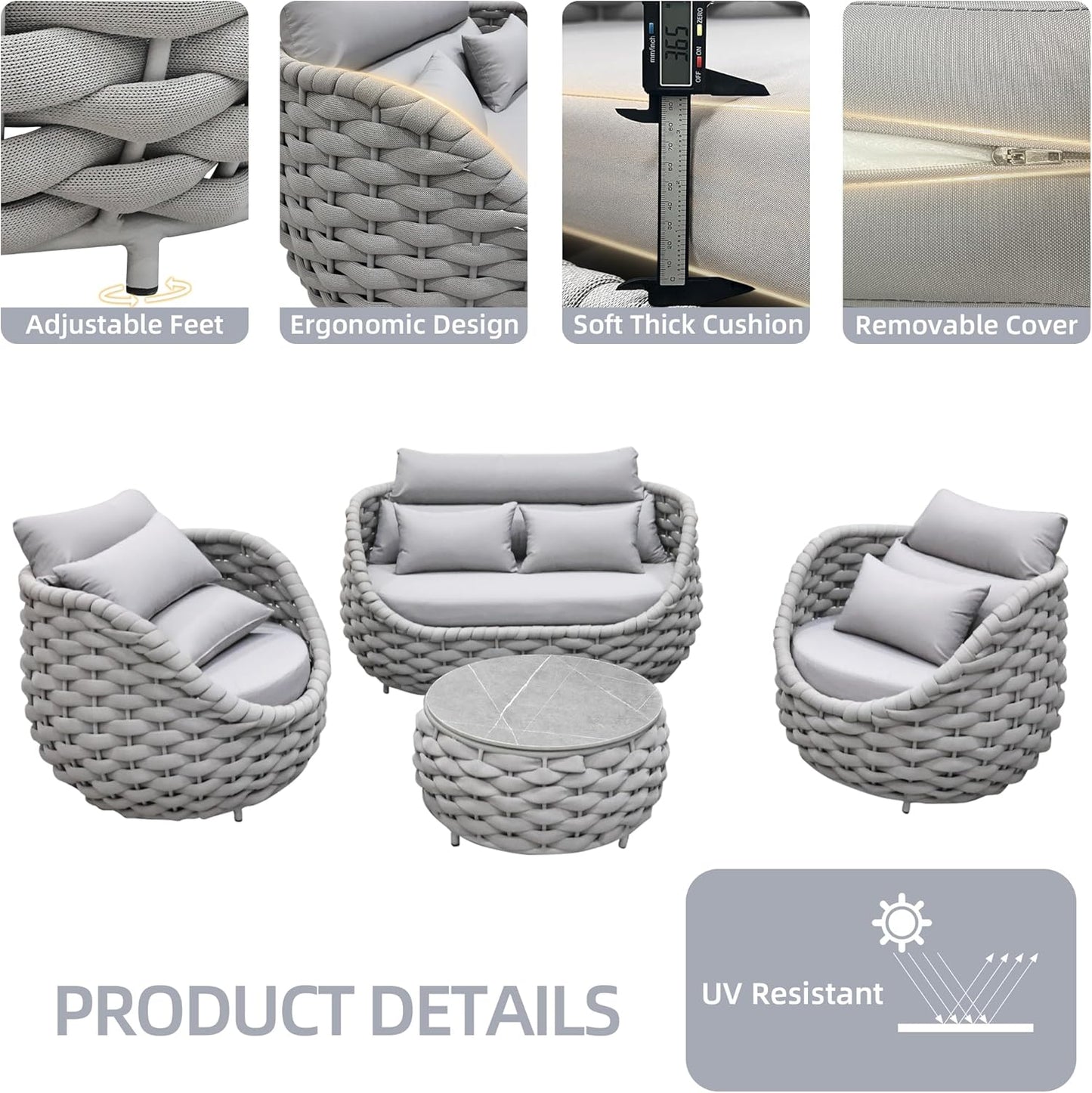 TWT Patio Furniture Sofa Set 4 Pieces Aluminum Outdoor Furniture w/27.8in Coffee Table,Patio Conversation Set with Hand Woven Textilene Rope for Backyard Garden Poolside,Light Gray