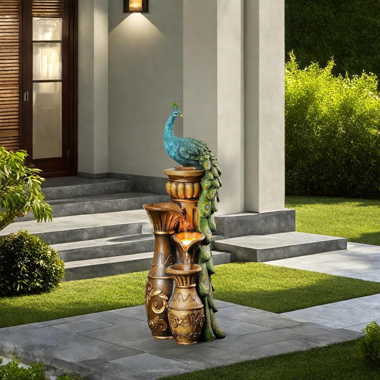 LuxenHome Outdoor Water Fountain, 44 Inch Resin Peacock Water Fountain Outdoor with Urns and LED Light, Tall Fountains Outdoor for Garden, Waterfall for Patio, Brown/Teal