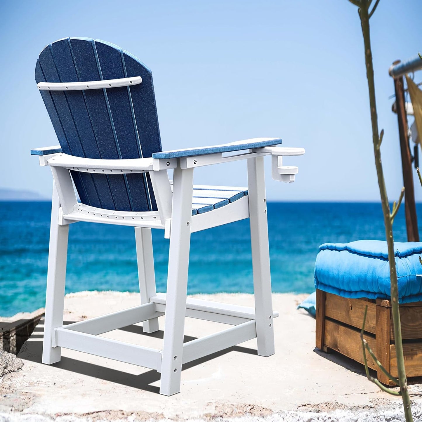 Tall Adirondack Chairs Set of 2, Adirondack Barstools, Weather Patio Garden Pool Fire Pit Balcony Outdoor Bar Stools HDPE Plastic Barstools with Backs for Garden, Backyard, Yard (Blue)