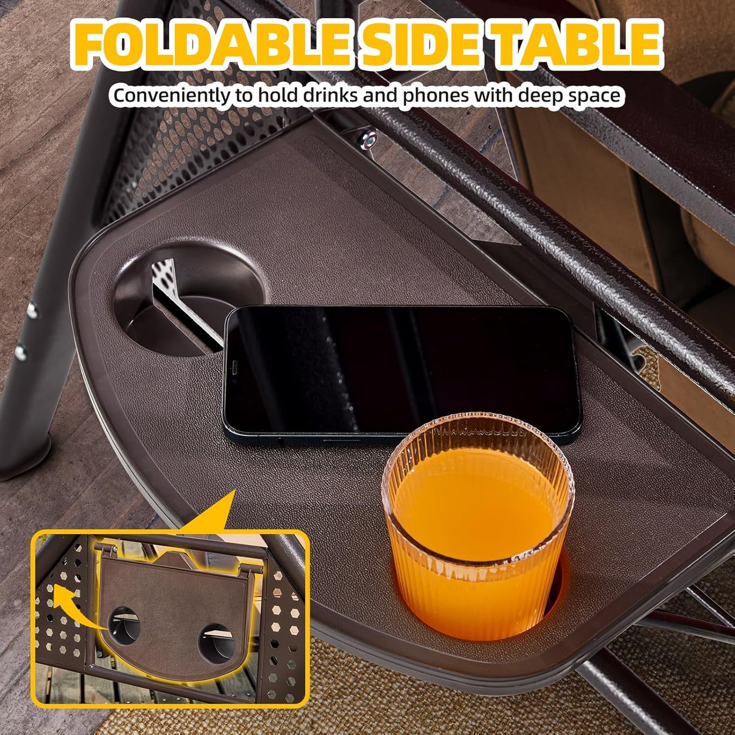 3-seat Patio Swing with Canopy,Convertible Outdoor Swing Bed with Thick Cushions, Pillows & Cup Holders, 3-Seat Outdoor Swings Chair for Backyard, Garden, Deck(Brown)