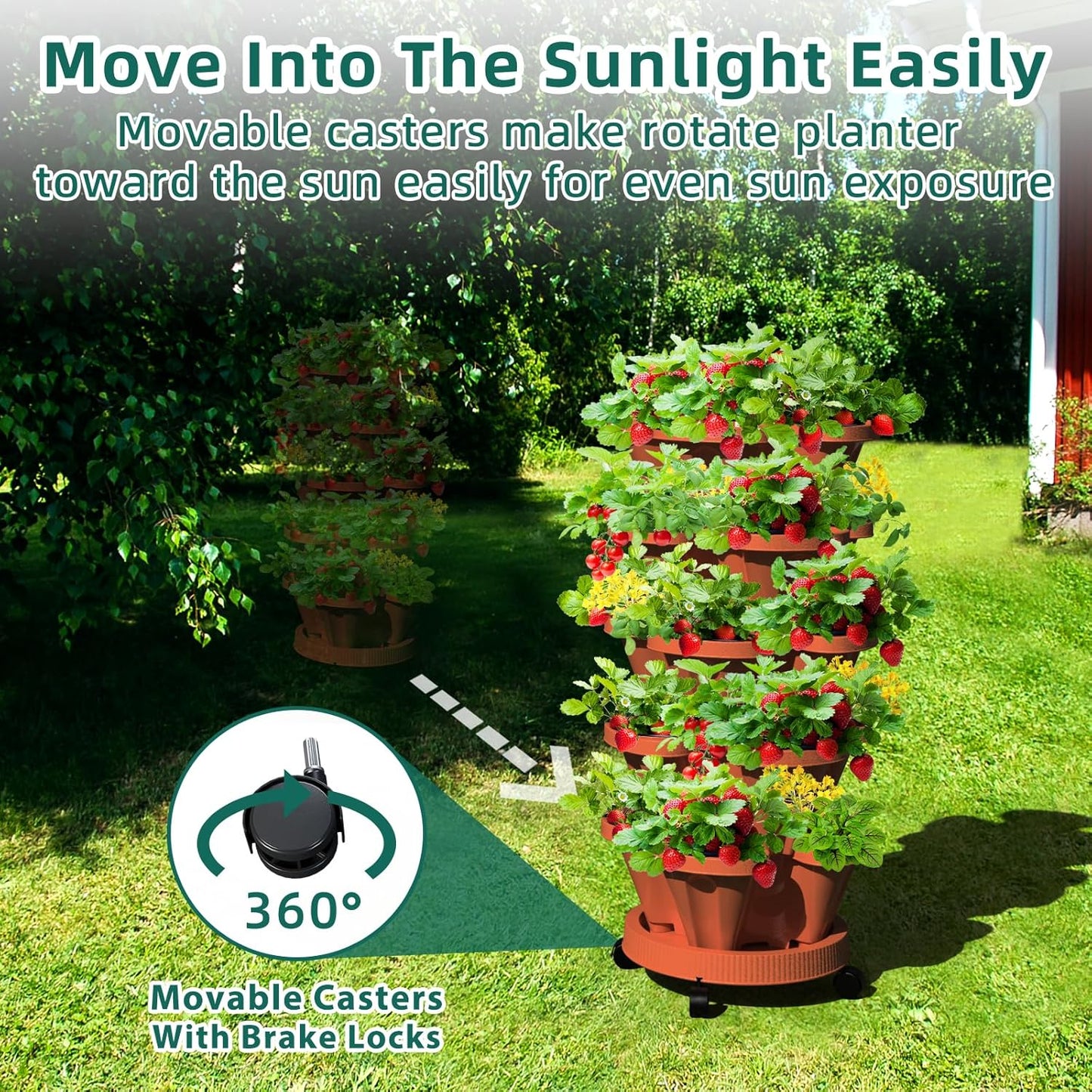 Strawberry Vertical Planter, 5 Tiered Stacking Garden Tower, Stackable Herb Vegetable Planters with Support Pole Indoor and Outdoor - Terra Cotta