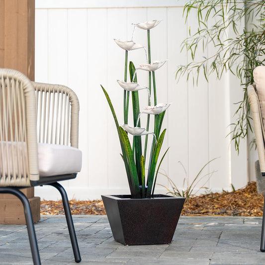 XBrand Sculptural Freestanding Metal Multi-Tiered Water Fountain w/Flowers, w/LED Lights, Multicolored, 39" Tall