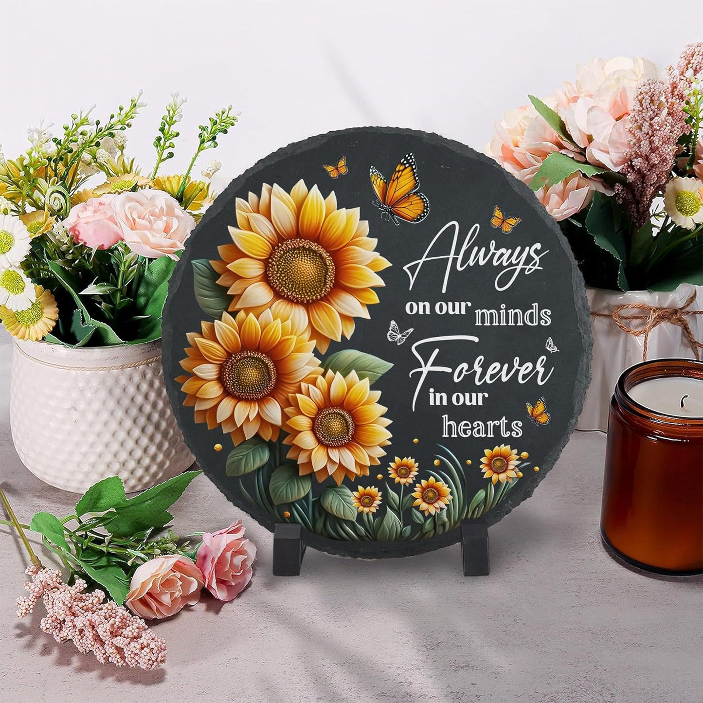 Memorial Stones Garden Decor Sunflower Sympathy for Loss of Loved One Decorations for Grave Memorial Plaque in Loving Memory Slate Stepping Stone TNA32