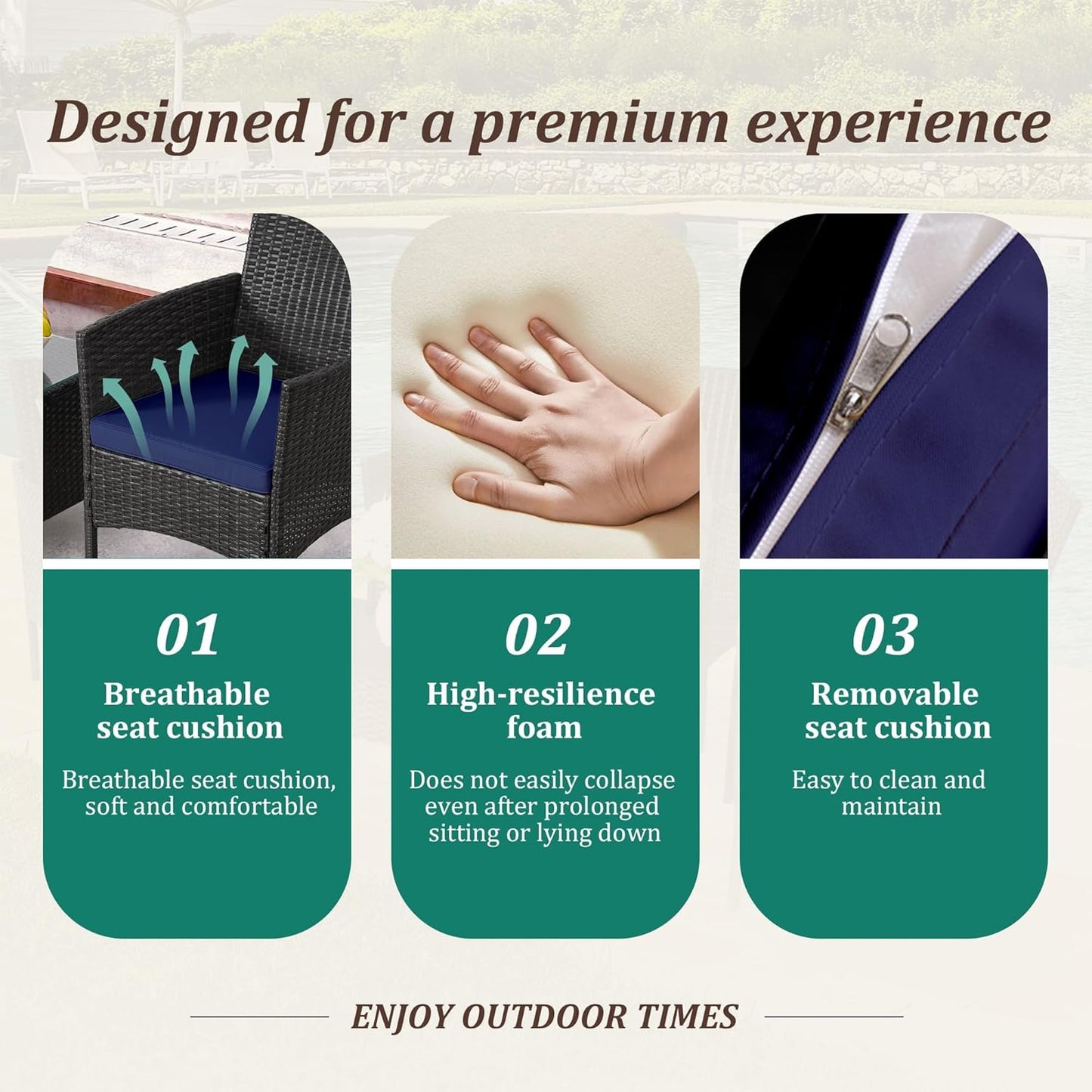 3 Piece Patio Furniture Set - Outdoor Conversation Sets with Coffee Table, Rattan Chair Set for Garden/Poolside, Coffee/Navy Blue