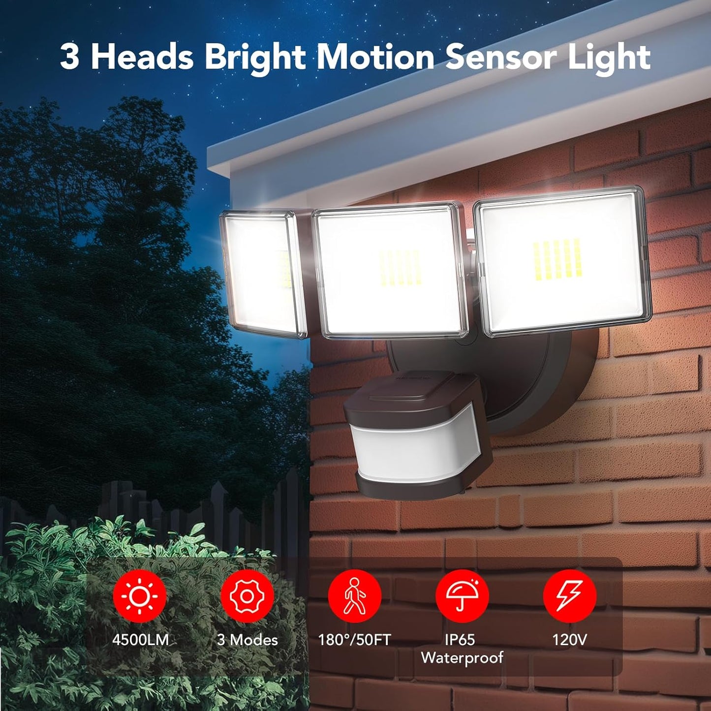 OREiN 4500LM/35W Flood Lights Outdoor, 180°/40FT Motion Sensor Outdoor Lights Dusk to Dawn Security Lights IP65 Waterproof 3 Modes for Outside 4500SQ.FT Front Door, Garage, Bronze (Hardwired)