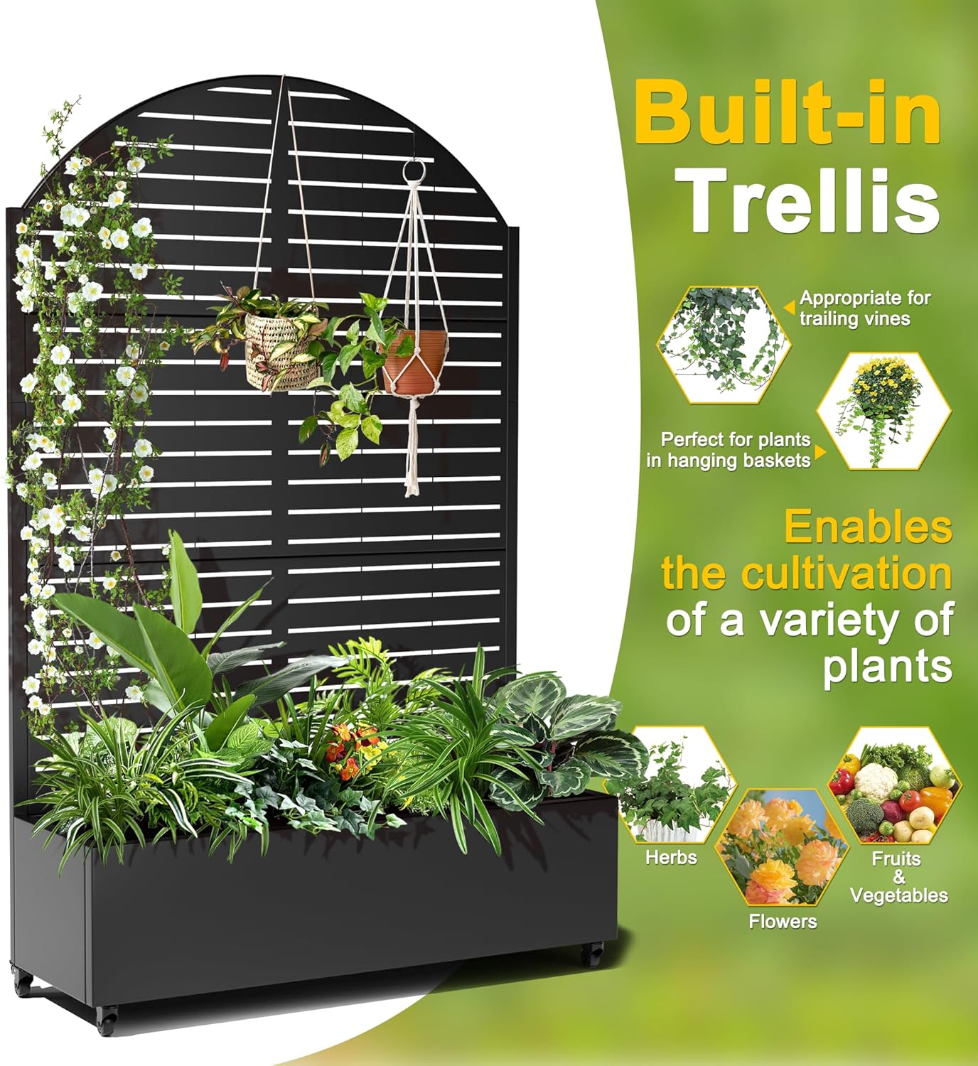 FENCY Metal Raised Garden Bed with Wheels and Trellis,Arched 73"x47"x16" Planter Box for Climbing Plants, Vegetables & Vines, Features Privacy Screen and Drainage Holes (Black-Louvered)