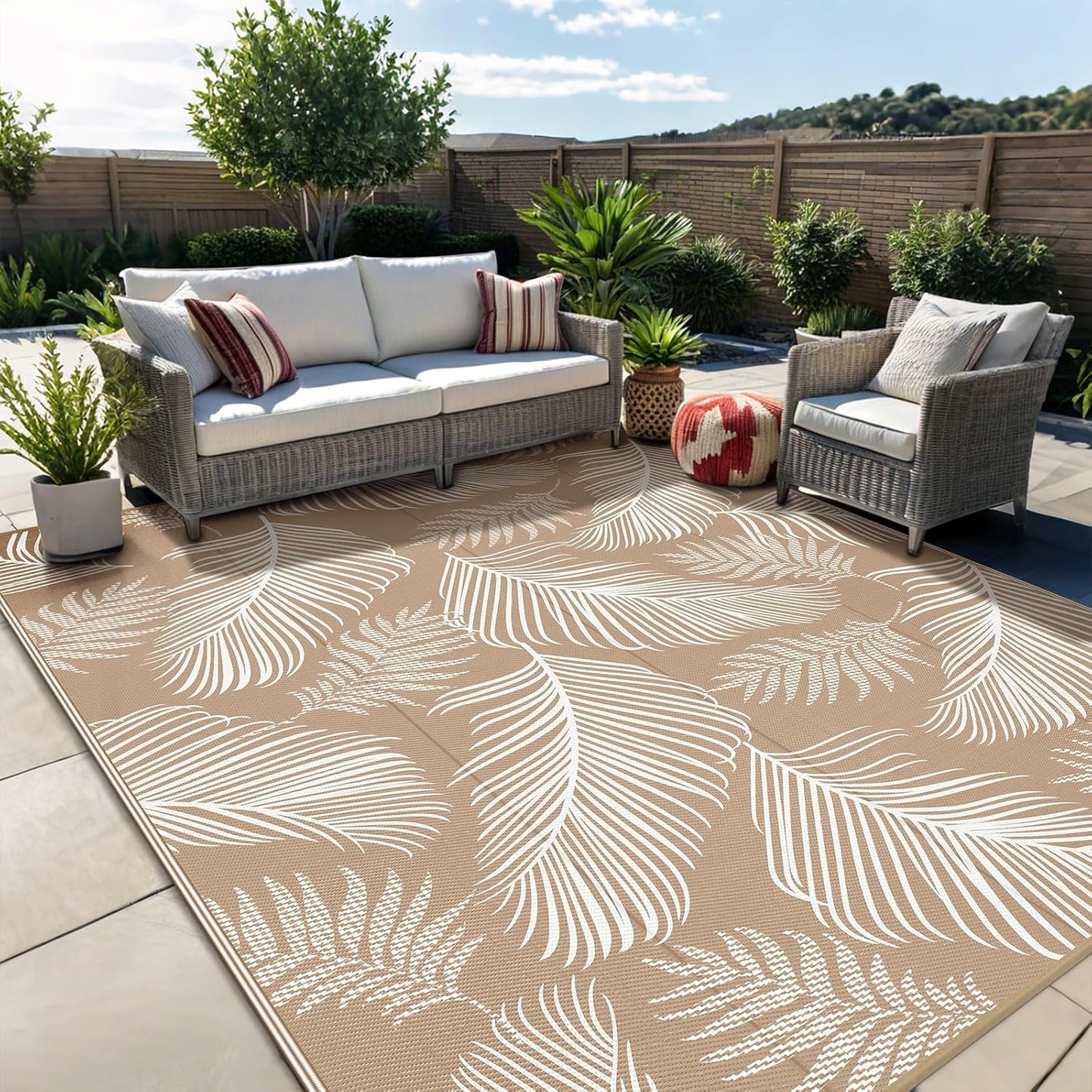 Pauwer Waterproof Outdoor Rug 10x14, Reversible Plastic Straw Patio Camping Rug, Indoor Outdoor RV Mat Carpet for Deck, Camper, Porch, Balcony, Backyard, Picnic, Leaf Brown