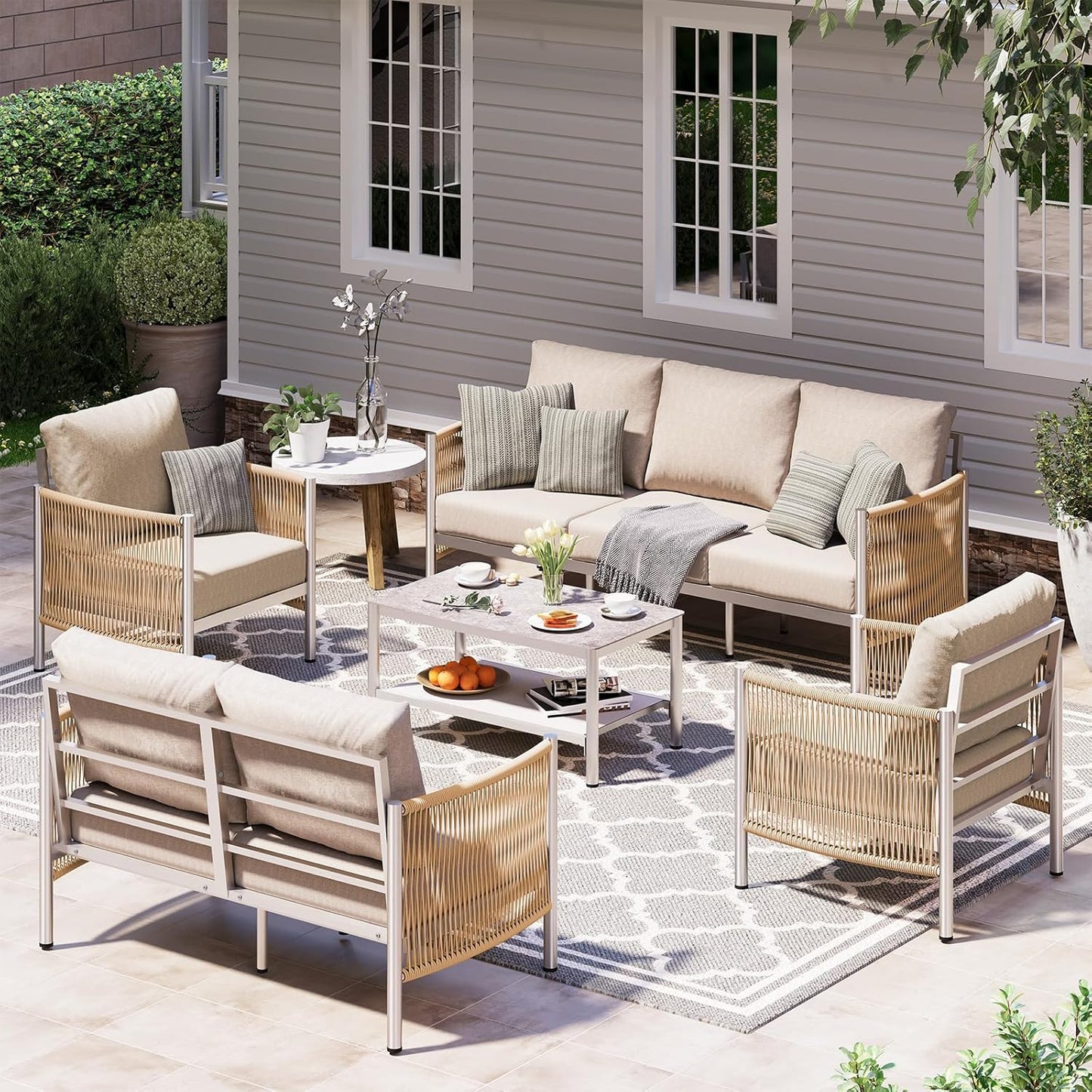 Aluminum Outdoor Patio Furniture Set, HDPE Rope 5 Piece Modern Sectional Conversation Sets with Dual-Layer Coffee Table, All Weather Patio Couch Sofa with Thick Cushions, Silver Frame, Beige