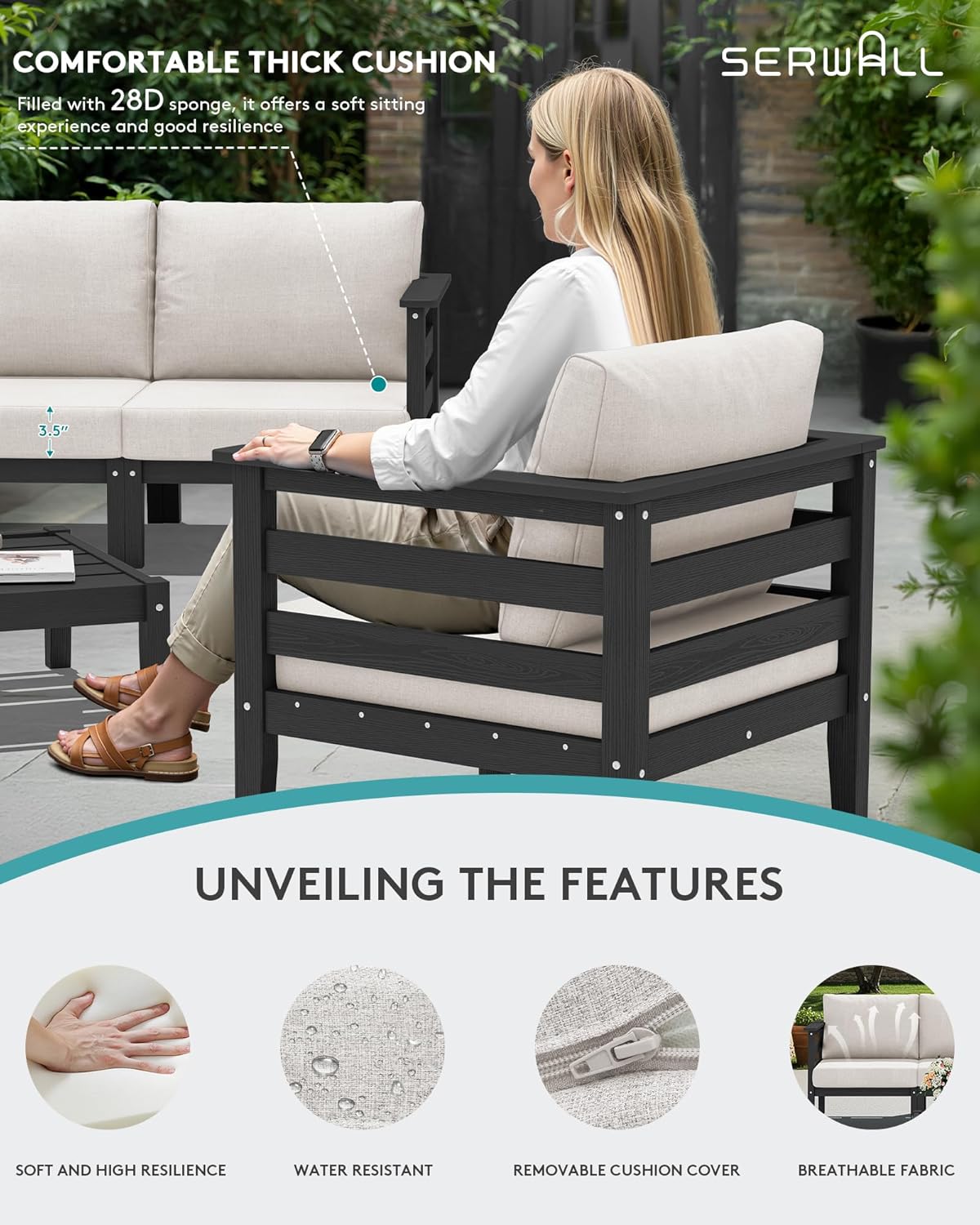 SERWALL HDPE Patio Furniture Set, 8 Pieces Composite Outdoor Furniture, All-Weather Wood-Like Outdoor Sofa Couch with Coffee Table for Deck, Lawn, Black Frame with Khaki Cushion