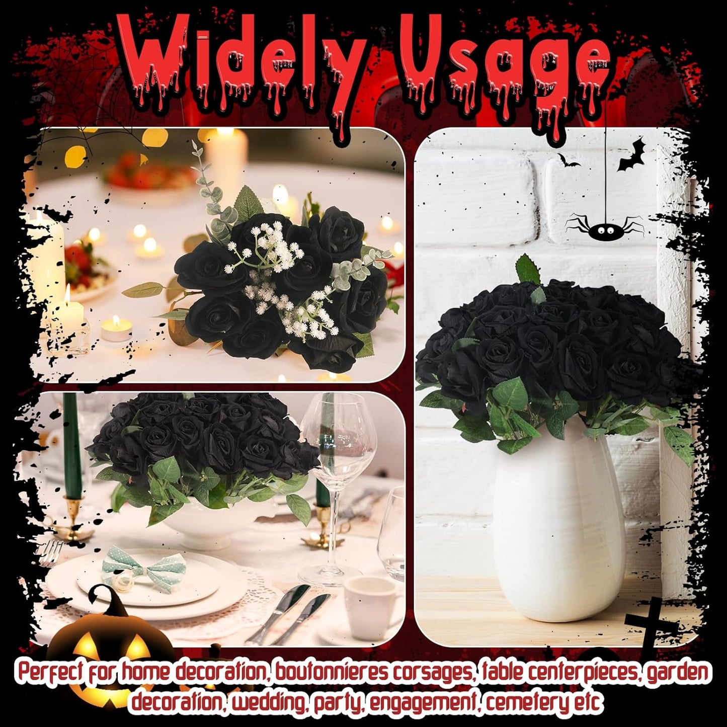 36 Pcs Silk Black Rose Bouquet Bridal Artificial Flowers,Fake Rose Long Stem Realistic Artificial Flowers Bulk for Wedding Bouquet Ball Arrangement Centerpiece Party Decor