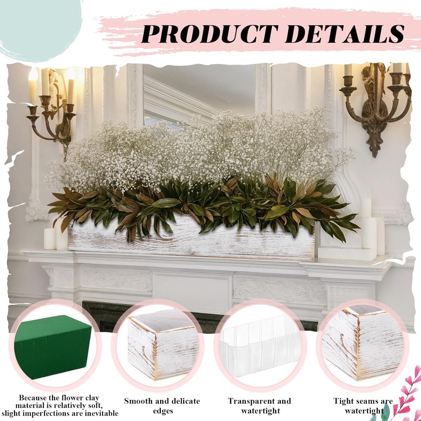 Dandat 2 Set Wood Boxes for Centerpieces 16x4 Inch Rectangle Wooden Planter Box Rustic Wooden Planters with Removable Plastic Liner Floral Foam Blocks for Home Wedding Garden Decor