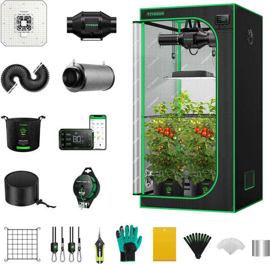 VIVOSUN GIY Smart Grow Tent System 2.7x2.7, WiFi-Integrated Grow Tent Kit, with Automate Ventilation and Circulation, Schedule Full Spectrum 150W LED Grow Light, and GrowHub E42A Controller