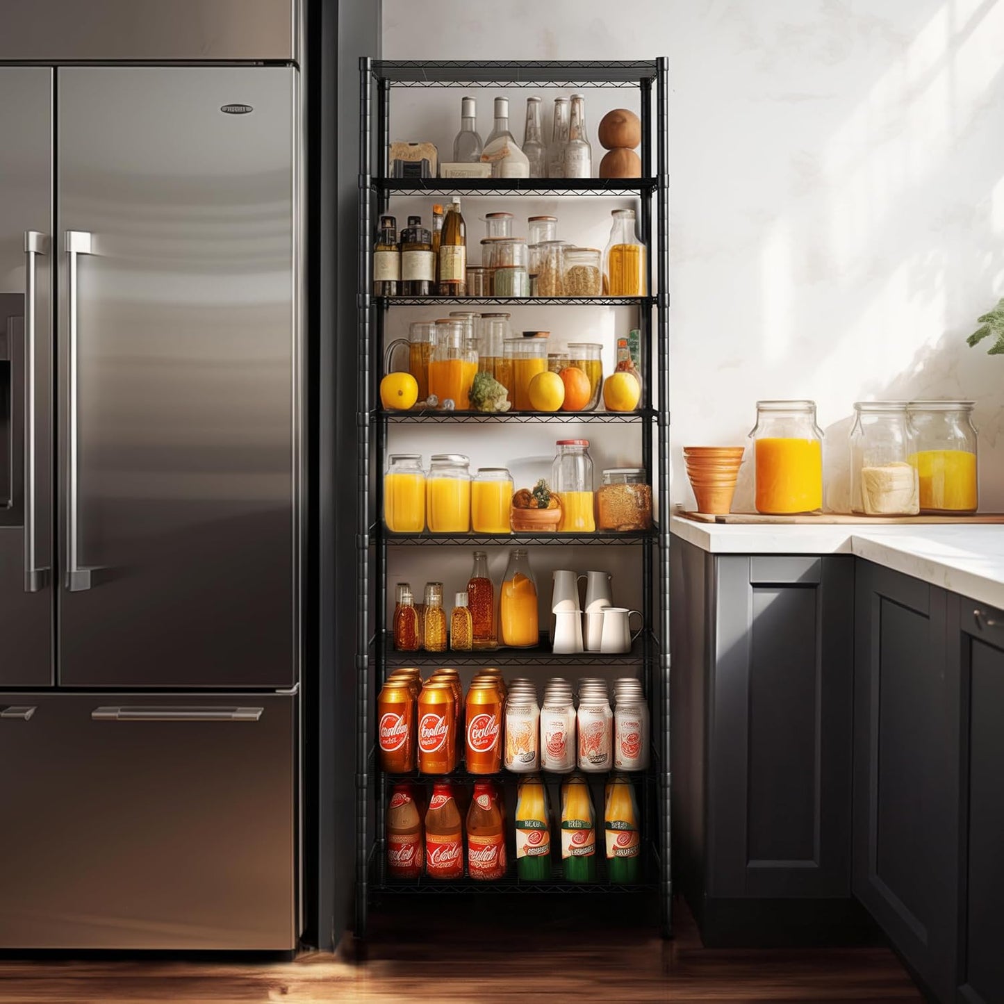 Finnhomy 8-Tier Wire Shelving Unit Adjustable Steel Wire Rack Shelving 8 Shelves Steel Storage Rack or Two 4-Tier Shelving Units with PE mat, Leveling Feet and Safety Device, NSF Certified, Black