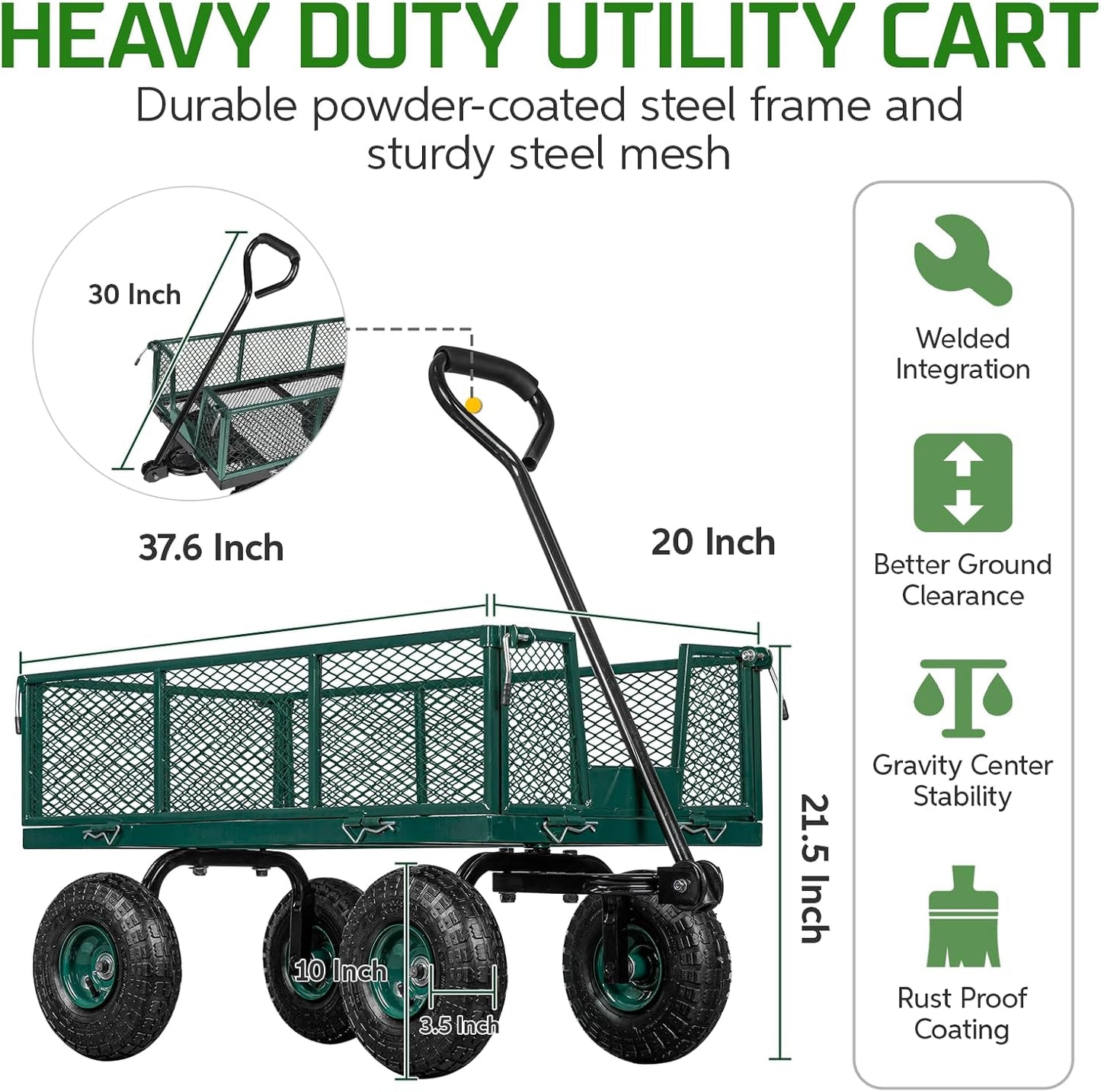 TAIFA Heavy Duty Steel Garden Cart 880 Lbs Capacity with Removable Sides for Yard Lawn and Farm, Metal Utility Wagon with 180° Rotating Handle, Green