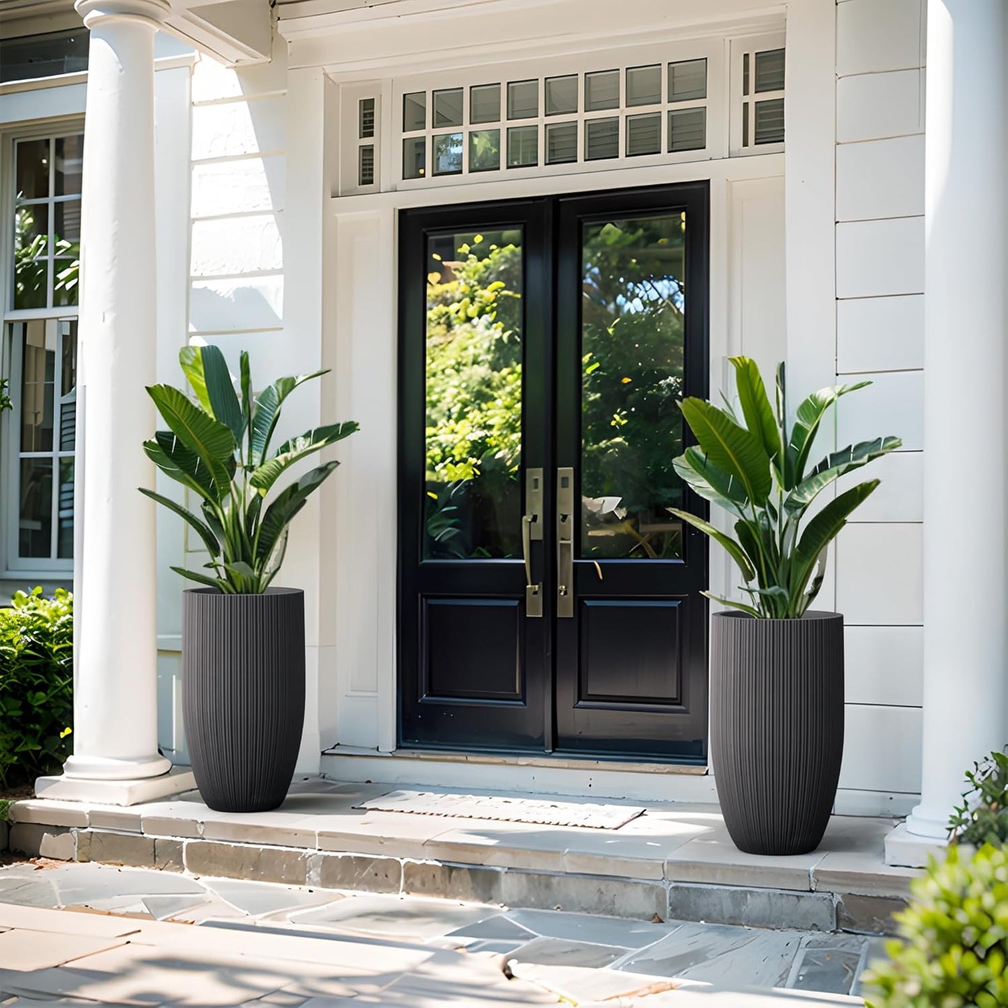 Kante 24 Inch Tall Round Concrete Planter, Large Indoor Outdoor Plant Pots with Drainage Hole and Rubber Plug, Modern Decorative Garden Pots for Home Patio Porch, Textured Black