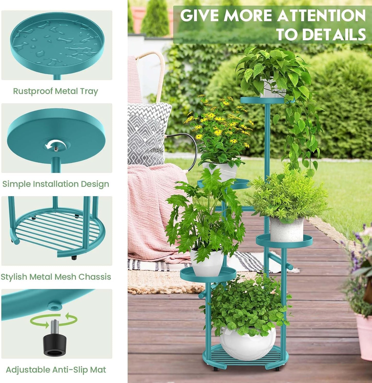 TOSKING 5 Tier Metal Plant Stand Indoor， Plant Shelf, Corner Shelf Flower Pot Stand for Outdoor Plant Stand for Living Room Balcony Garden Patio Bedroom (Blue, 38in)