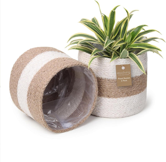Jute Planter Basket -Sustainable Woven Rope Covers for Decorating Indoor/Outdoor Plants Pots 6.5x6.5x6 Inches Ideal Size for 6" Planter-Multi-Purpose Storage Set of 2 White & Natural Jute