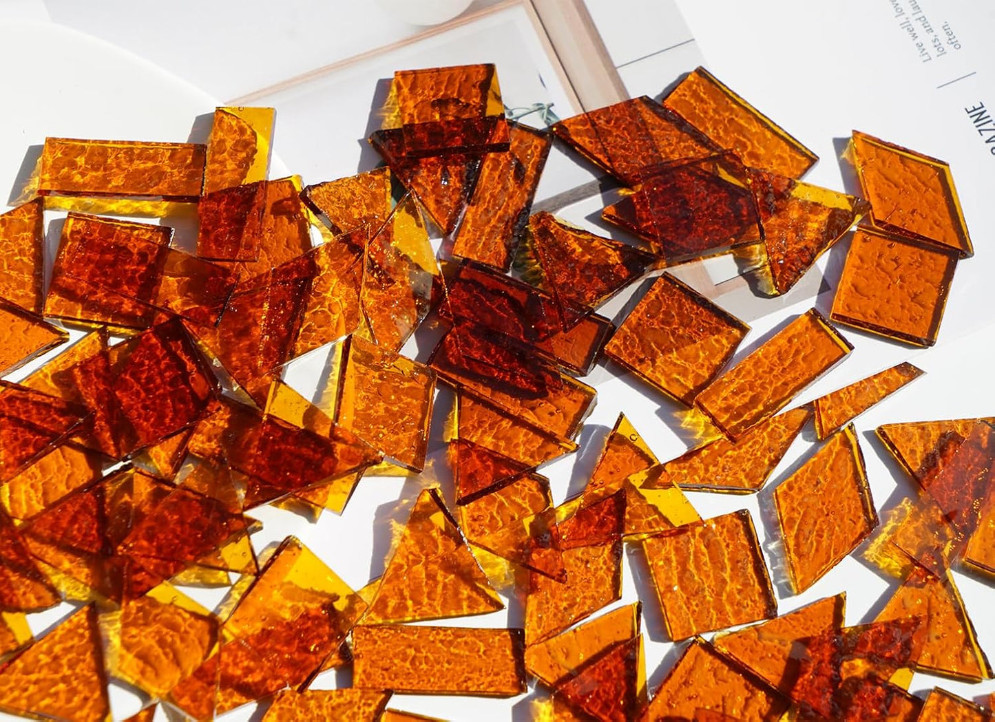 Large Transparent Textured Glass Tiles for DIY Crafts, 200g Stained Glass Pieces for Mosaic Art, Amber