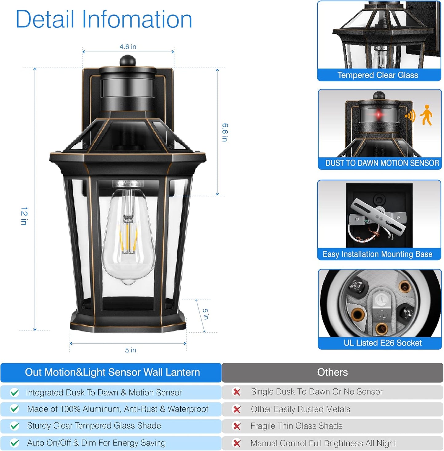 VIANIS Motion Sensor Exterior Light Fixture, 2 Pack Dusk to Dawn Outdoor Light Wall Mount, Anti-Rust Aluminum Outside House Lights, Farmhouse Coach Lantern for Porch, Entryway, Garage, Front Door