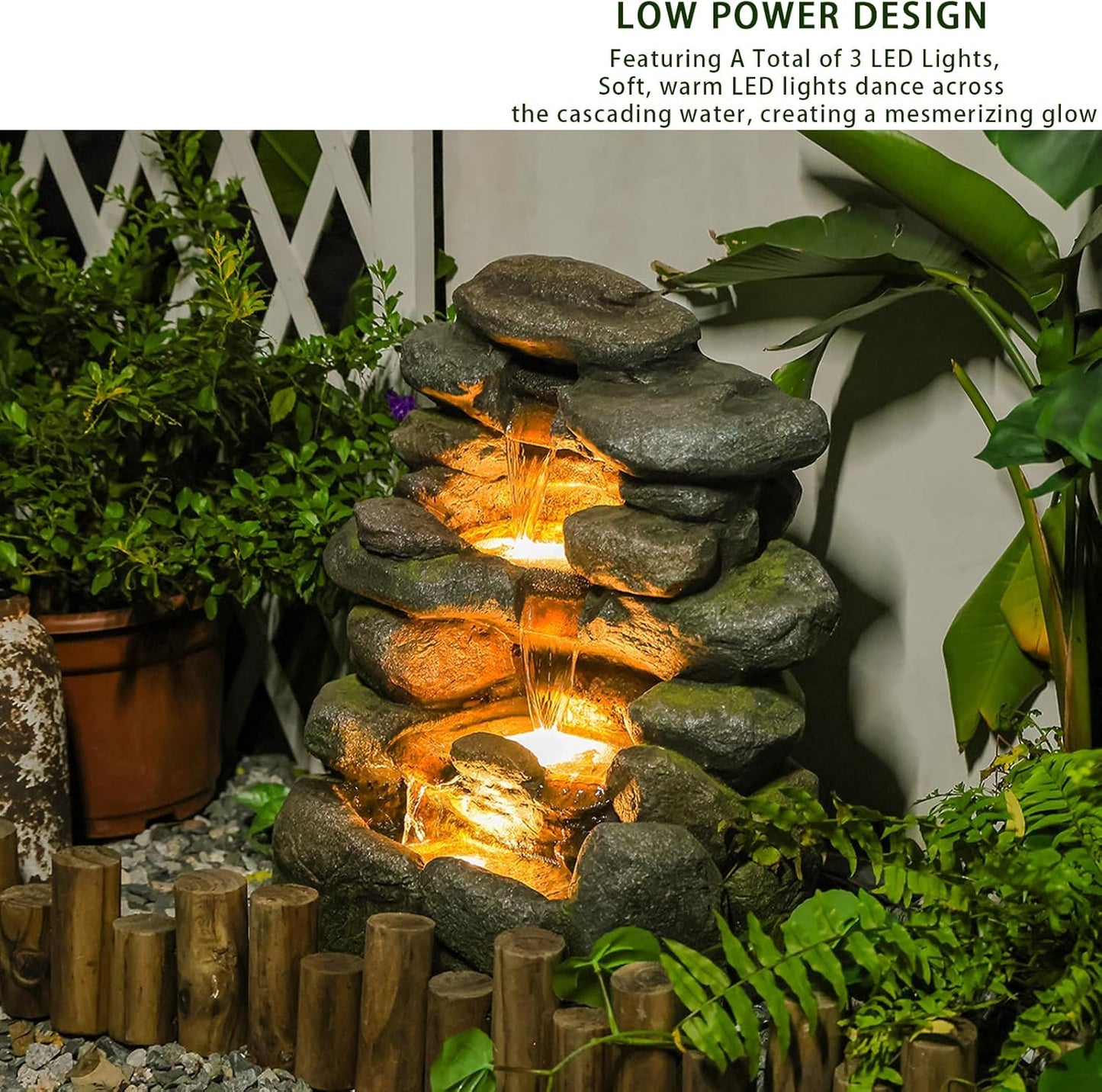 4-Tier Rock Water Fountain Outdoor Waterfall Garden Decor, 23.4" Cascading Waterfall With LED Lights for Patio, Lawn, Backyard, and Home, Faux Stone Design