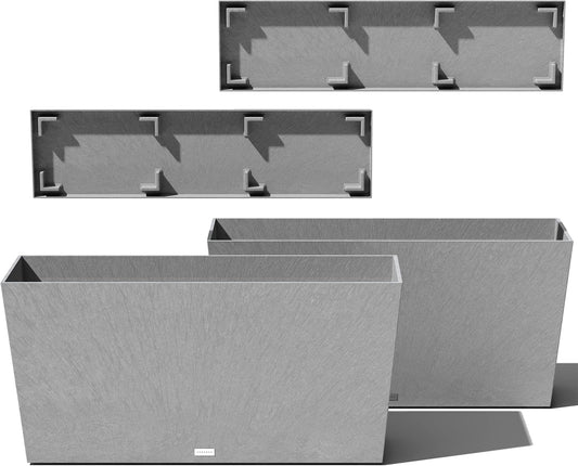 Veradek Midori Long Trough Planter (Light Grey, 39 inch - 2 Pack with 2 Saucer Trays)