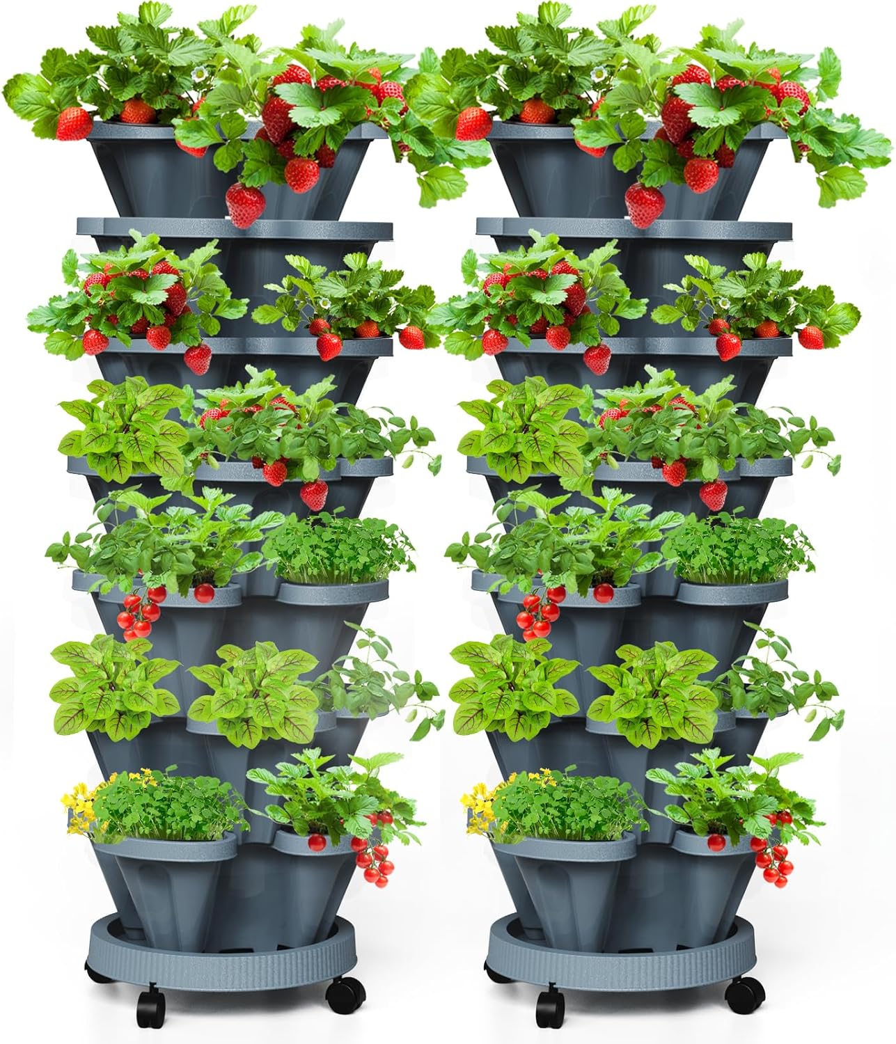 7 Tiered Strawberry Vertical Planter 2 Pack, Stackable Tower Garden Planter Herb Garden Planter with Movable Casters and Bottom Saucer Indoor and Outdoor - Dark Grey