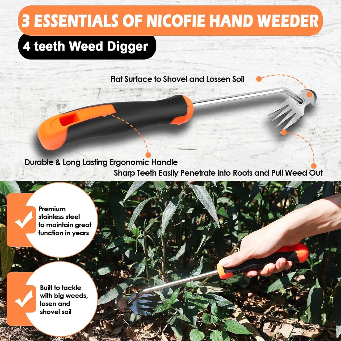 2025 Hand Weeder Tool, Rubber Handle Manual Weeder Puller Tool, Uprooting Weeding Tools, Crack Weeder Crevice, 4 Teeth Weeding Tool, Weeding Artifact Tool for Gardening(3 Pcs)