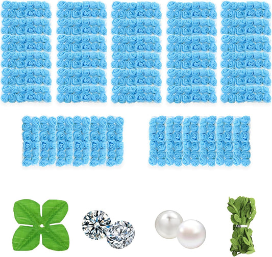 500 Pcs 0.6 Inch Mini Artificial Flowers Head Bulk 5 in 1 Set Faux Foam Fake Small Rose Tiny Baby Flores Bouquet Wreath Gift Hair Clip Home Decoration DIY Craft (Sky Blue)