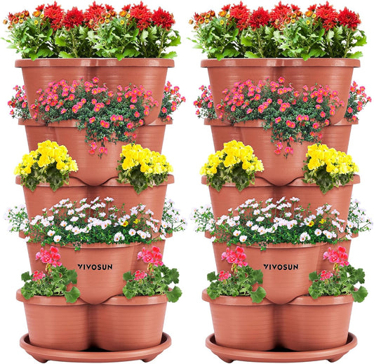 VIVOSUN 2-Pack 5 Tier Vertical Gardening Stackable Planter for Strawberries, Flowers, Herbs, Vegetables, Brown
