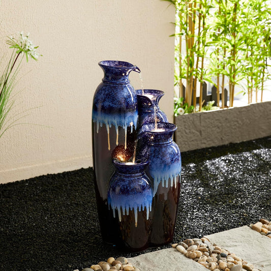 Glitzhome 30.75" H Vase Ceramic Outdoor Water Fountain with LED Lights and Pump, 4-Tier Cobalt Blue and Brown Reactive Glaze Cascading Pots Standing Fountain for Porch Deck Garden Patio Backyard