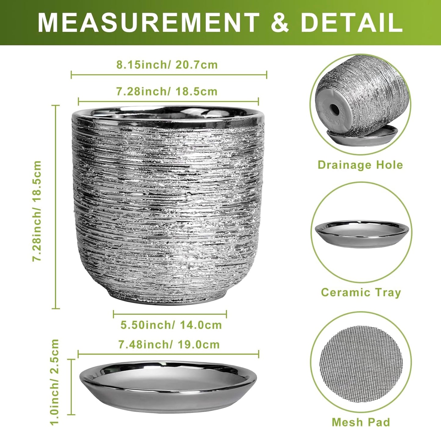 Ceramic Pot for Plants 8 Inch - Ceramic Flower Pot Indoor with Drainage Hole and Saucer, Decorative Round Indoor Planter, Plant Lover Gifts, Patio Home Office House Decor, Silver