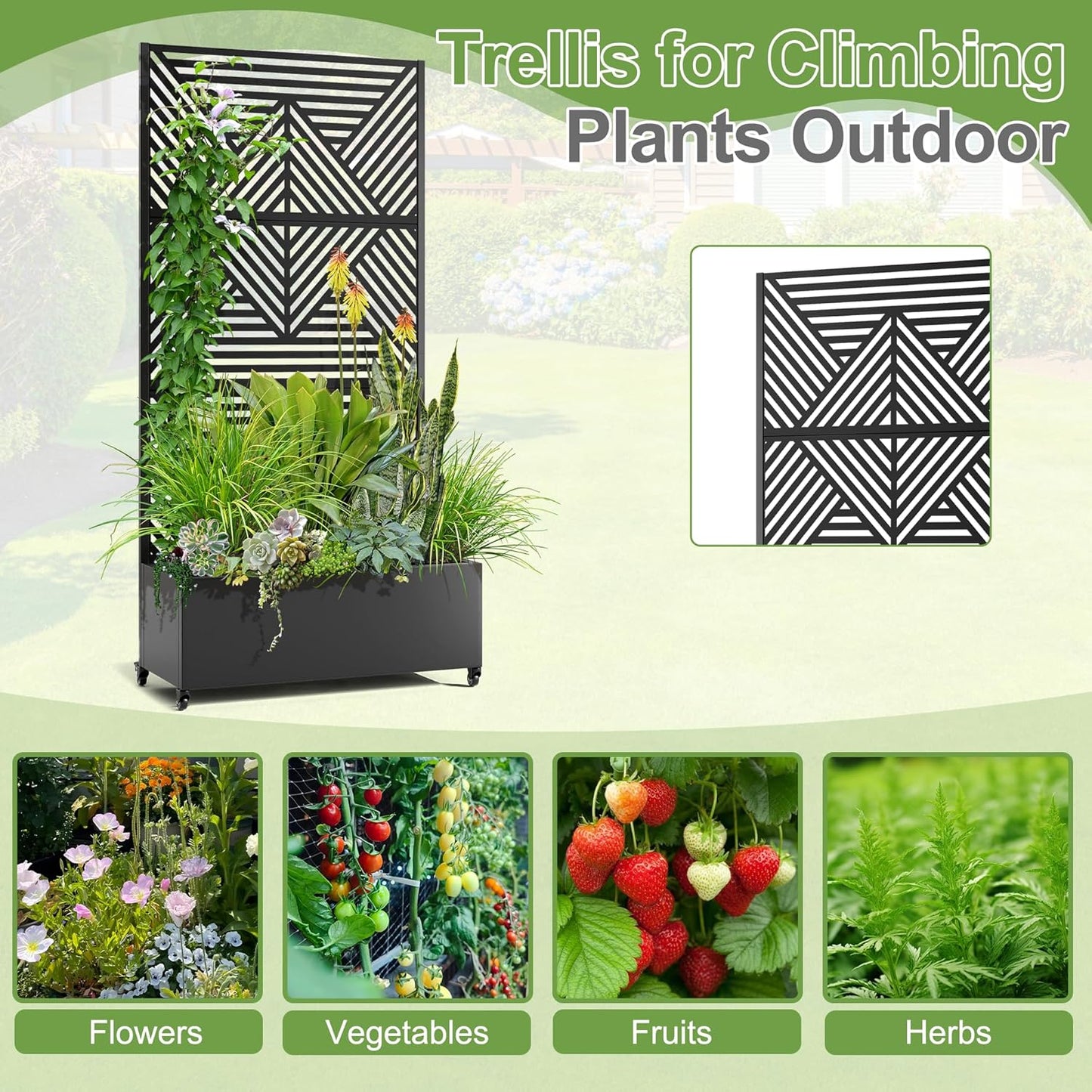 Raised Garden Bed with Trellis and Wheels,73"x35"x16" Metal Raised Garden Bed,Black Diamond Metal Planter with Climbing Trellis for Vines & Vegetables