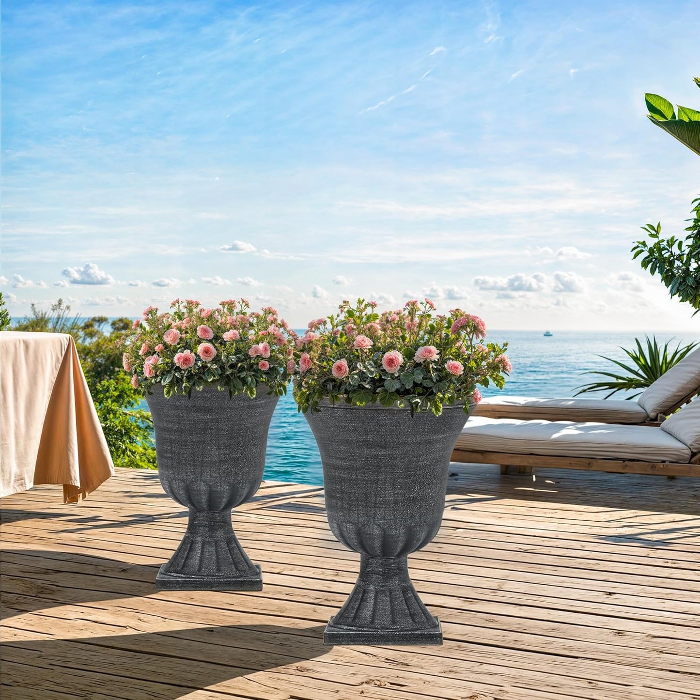 22" Large Urn Planters for Outdoor Plants, Set of 2 Plastic Flower Pot with Handmade Washed Black Finish, Weather-Resistant for Porch, Garden, Patio or Indoor Decor