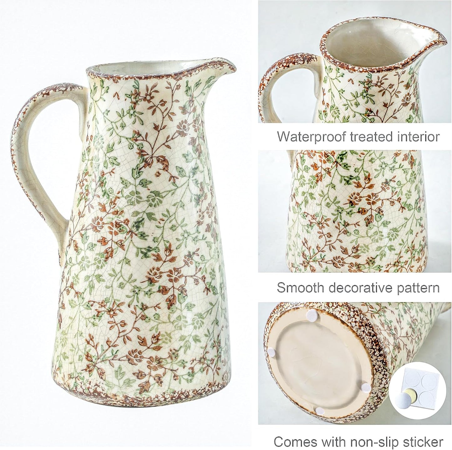 Enra Pitcher vase with Handle,12.2 in Ceramic Vintage Chinoiserie Floral Vase,Green and Beige Decorative Flower vase,Large Rustic Vases for Home Decors, Living Room, Bookshelf, Office