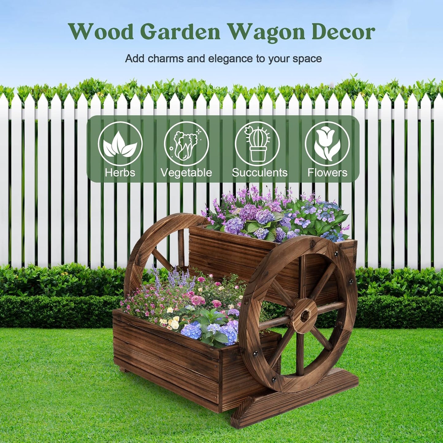 2PCS Wooden Wagon Planter Box, Garden Planter with Wheels,Decorative for Flowers Herbs Vegetables for Indoor & Outdoor Decor,Wooden Flower Cart for Patio Garden Balcony