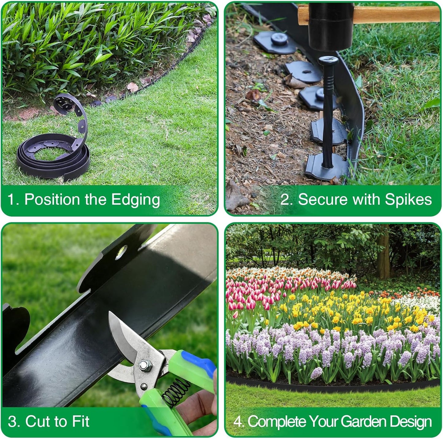 Bonviee 1.5 Inch x 33FT Landscape Edging Border with 50 Anchoring Spikes, No Dig Garden Border Edging Kit, Flexible Garden Edging for Landscaping, Flower Beds, Lawn, Yard, and Paver Pathways